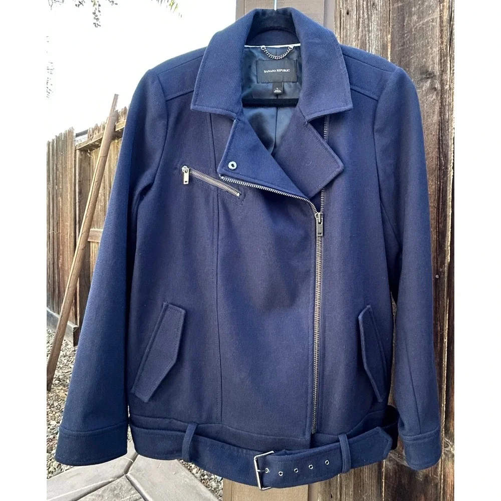 Banana Republic Jacket Womens L Navy Blue Moto Belted Zip Biker Coat